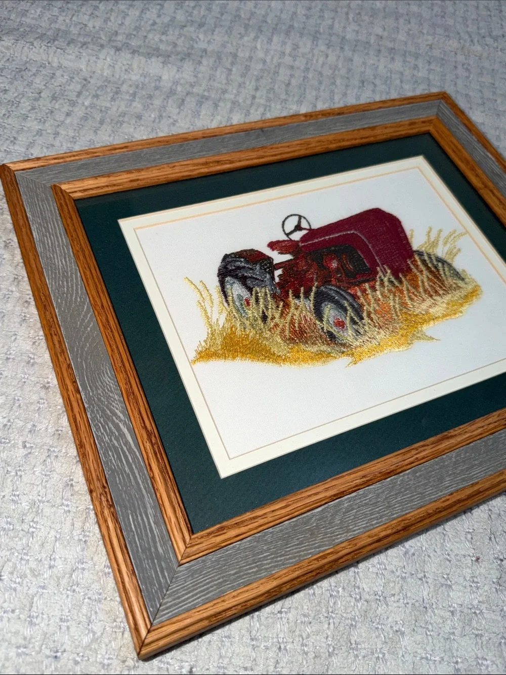 Vtg Needlepoint Embroidered Red Tractor Crewel Barn wood Frame Wall Hanging